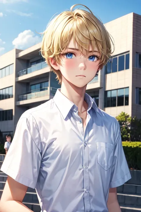 short blond flat hair，Blue Eyes，Indifferent Beautiful Boy，High School Campus， white shirt