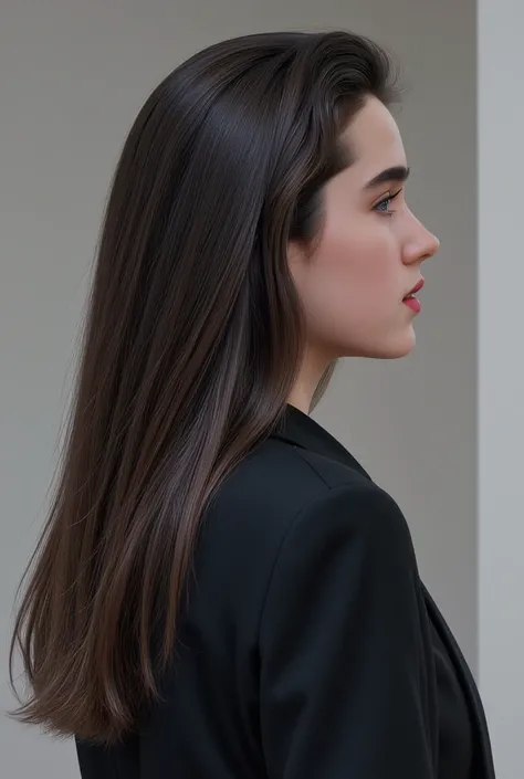  Masterpiece,  one woman standing upright on the floor, Jennifer Connelly at age 20, secretary,  back view, profile, shiny long black hair,