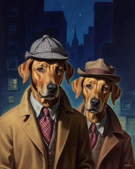 two dogs, one is Like Sherlock Holmes Wearing inverness coat and deerstalker hat. The other one is dog Like John H. Watson. Dog Detectives, Night urban background, 50's pulp fiction, 50's pulp fiction setting.  in the style of rudolph-belarski .