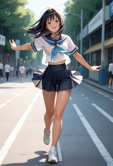 masterpiece, best quality, delicate illustration,ultra detailed skin, (yuuki mikan), Black Hair, 
(1girl:1.2), (tan:1.0), See-through (summer school uniform:1.1), See-through (micro:1.3) (skirt), (Having fun dancing walking:0.8), (ass:0.7), (midsummer), no...