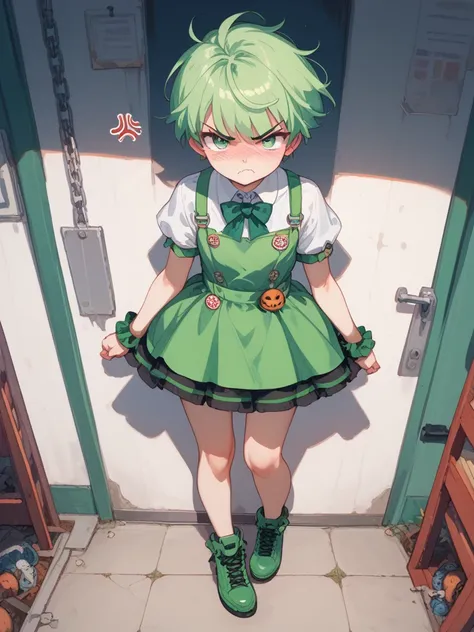 Very angry   , a girl, Alone, blush,  short hair,  green hair,  frowns , angry,erotic Halloween costume,  full body