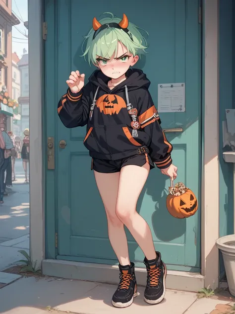 Very angry   , a girl, Alone, blush,  short hair,  green hair,  frowns , angry,erotic Halloween costume,  full body