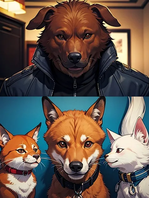 The brown dog is wearing a worn detective suit　 holding a pipe　A dumb face　Foxy dog 