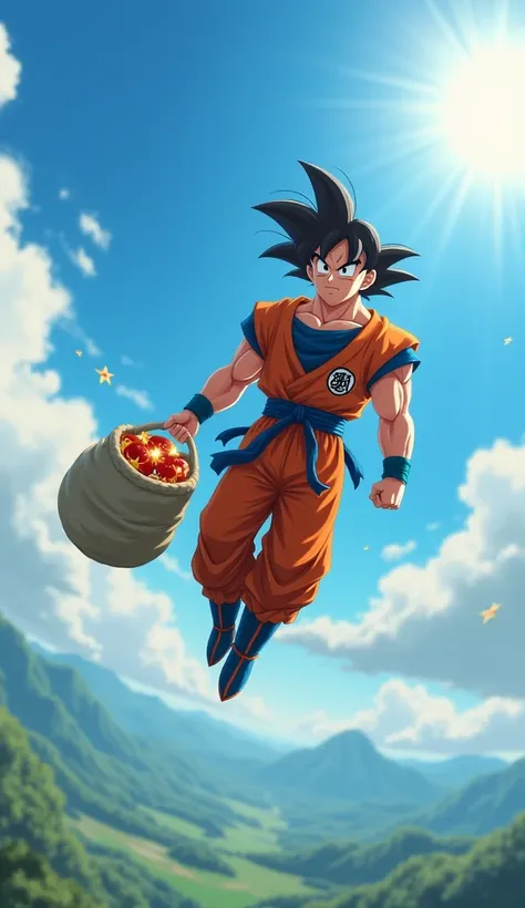 "A realistic depiction of Goku in human style flying through the sky, his powerful form outlined against the bright blue sky. He wears his iconic orange gi, with the symbol on his chest clearly visible as he soars effortlessly. In one hand, he carries a la...