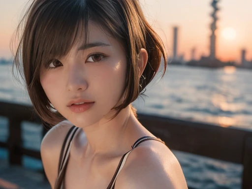 (8k、 RAW photos 、 top quality、 Masterpiece：1.2）、（ by Nomi、写真 by Nomi：1.4）、（Very detailed 8k wallpaper）、 sharp focus 、 depth of coverage、 cinematic lights、 Soft Light 、 upper body、（Sea at sunset )、(( 20 year old cute glamorous body ( 1 Japanese model woman ...