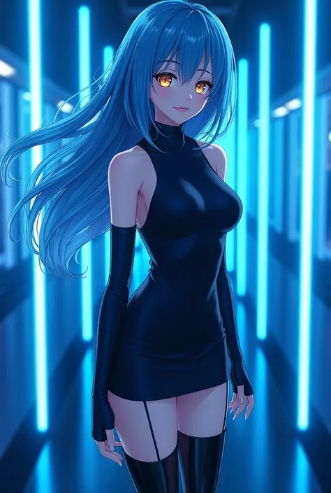 1 anime girl, blue hair, honey-colored eyes ,  short sleeveless fitted black dress,  black elbow-length gloves , wide collection,  look it would be,long black boots,(background with neon blue lights LED )