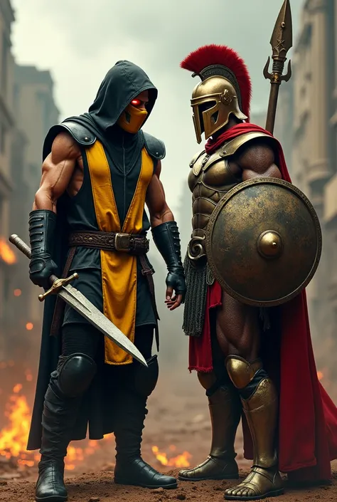 Here's a prompt to generate an image of Scorpion from Mortal Kombat standing beside a Spartan warrior:

Prompt:
"A fierce warrior duo stands side by side, ready for battle. On the left, Scorpion from Mortal Kombat wears his signature yellow and black ninja...