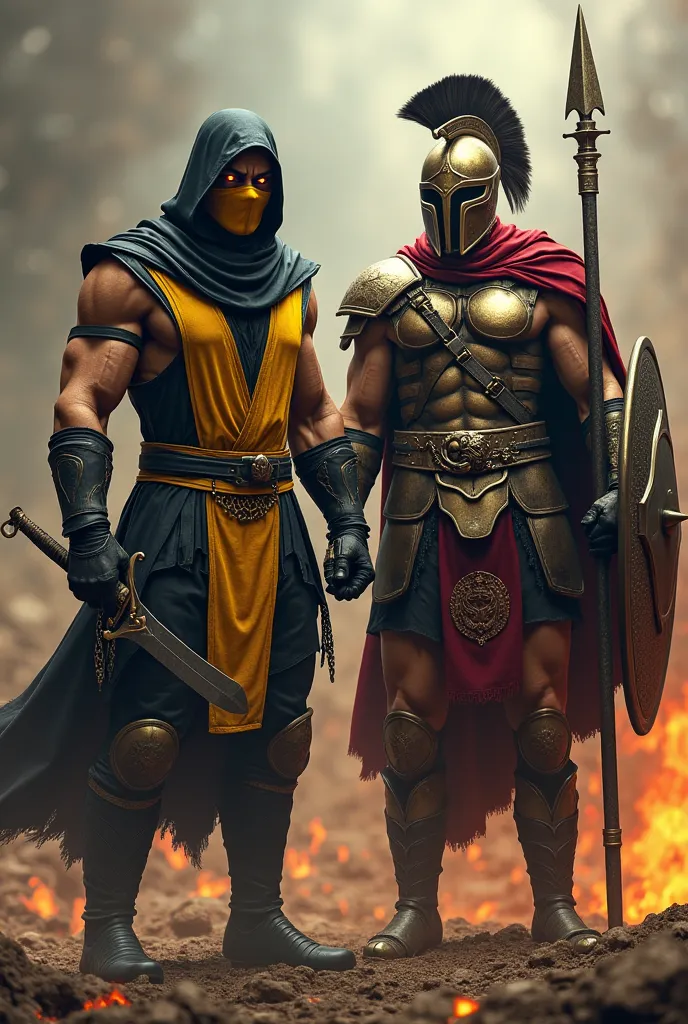 Here's a prompt to generate an image of Scorpion from Mortal Kombat standing beside a Spartan warrior:

Prompt:
"A fierce warrior duo stands side by side, ready for battle. On the left, Scorpion from Mortal Kombat wears his signature yellow and black ninja...