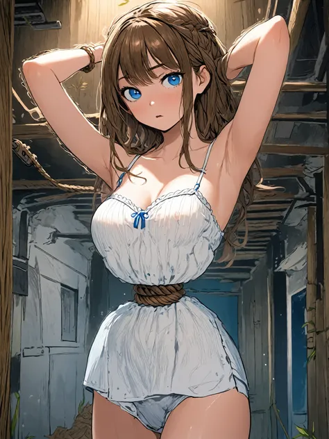 (((Anime Style))),((masterpiece)), ((Highest quality)), (Very detailed),torture chamber,(((The hemp rope tightens around her waist))),pretty girl, 1 Girl, alone,White camisole,panties,Beautiful brown Hair, (Beautiful blue Eyes), Long Hair, Anguished expres...