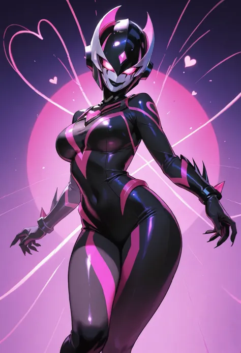 Dark UltraWoman. （high quality）（luster）（(Black Face and red eyeline)）（Black thema color. Purple thema color. black helmet. A full-face helmet. Pink lines. Purple glowing mechanical eyes. The whole body is covered with a black bodysuit. Thick legs. Spike de...