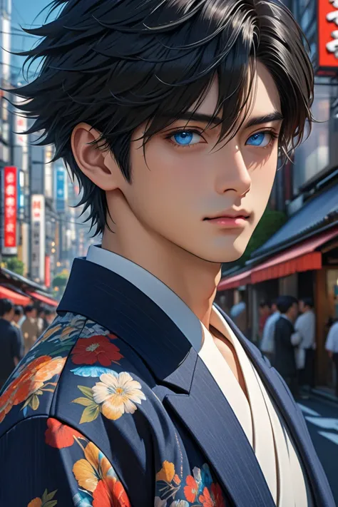  boy, handsome face, (face detail), black hair, (hair detail), dark blue eyes, (ultra eye detail), cool style, (clothes detail), (body detail), charming gaze, tokyo daytime background, (background detail), (make clear and good picture), (make 4k and 8k pic...