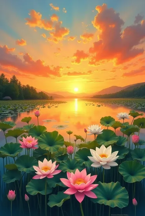 sunset sky:  The painting shows a bright sky in warm tones like gold , cam, and red ,  stretching across the sky .  Part of the setting sun ,  creates these A golden orange glow that falls on the lake surface .

Lotus Lake:  The image of the lotus located ...