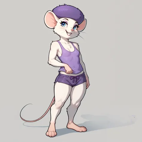 Score_9, score_8_up,  score_7_up, Masterpiece, best quality, absurd res, solo, bianca, anthro furry white mouse girl, hat, whiskers, blue eyes, rodent, teeth, wearing purple tank top, purple short shorts, small breasts, barefoot, feet paws four toes, stand...