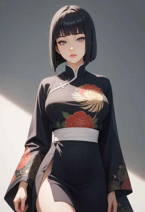  masterpiece,  the best quality,  ultra detailed. 1 girl,   cut bob breasts,  black hair,  blunt bangs , blunt ends, black kimono, amaryllis print, cielo nocturno