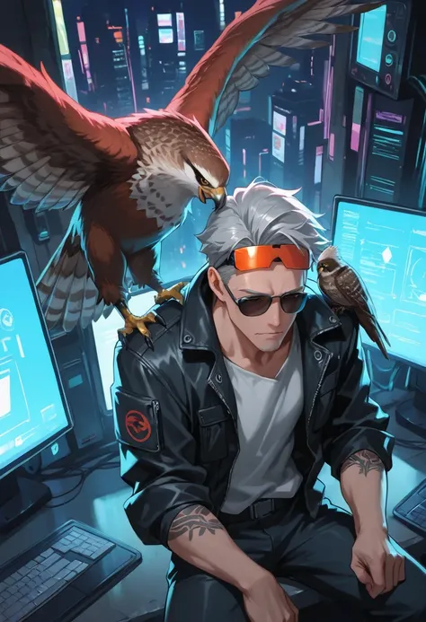 ((( masterpiece))),(((最 high quality))),(( super high resolution)),( Illustration of ),( dynamic angle),　 40 year old man sitting , sunglasses， tattooed on head 、 Computers around, ( has a huge hawk on his shoulder), red hawk ,  cyberpunk style , Top view ...