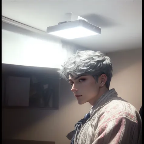 There's a man in a gray wig and a tie, hard lighting!,  Perfectly illuminated face , hard lighting,  short hair on the top of his head,  selfie photograph of 8k ,  taken with a Sony alpha 9 , around 19 years, ,  The face is very illuminated ,  Androgynous ...