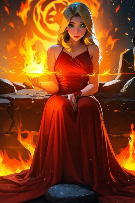 Pretty young woman ,  long blonde hair,  green eyes, yellow and red dress, with glitter,  surrounded by fire magic ,  sitting on a black stone 