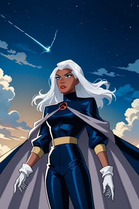 source_anime, source_cartoon, rating_safe 1girl, solo storm, dark skin, long hair, white hair, dark-skinned female, makeup, lipstick, white gloves, superhero outfit, cape, standing, cloud, night
