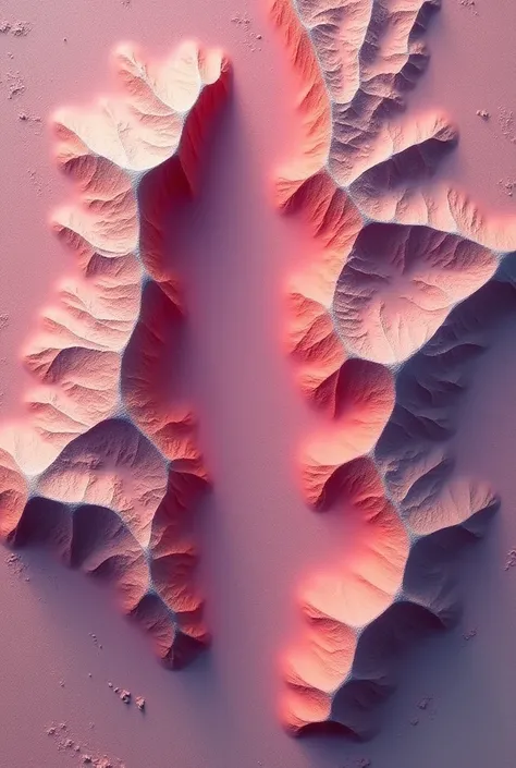 Satellite aerial view perspective， from a bird's-eye view，A pair of pink topography with oblong ridges，