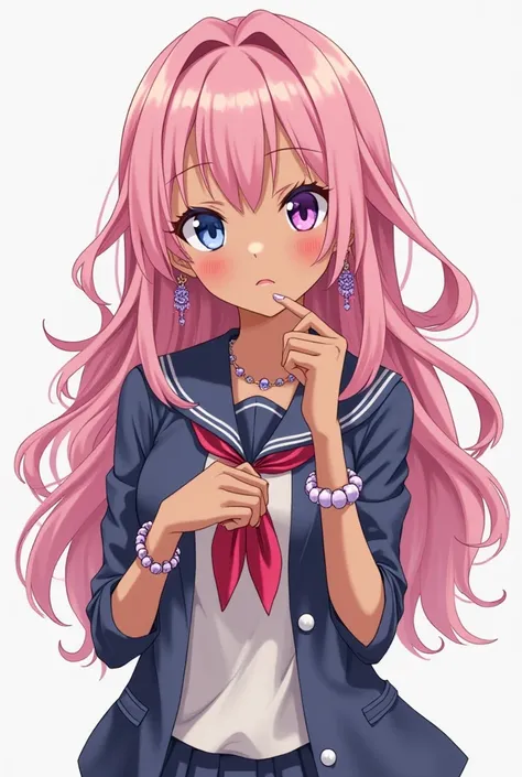 Female character in anime style.  Brown skin,  has heterochromia :  the right eye is lilac and the left eye is blue.  long wavy hair in the color pink . She wears accessories such as earrings ,  necklaces and bracelets ,  and is wearing a school uniform .