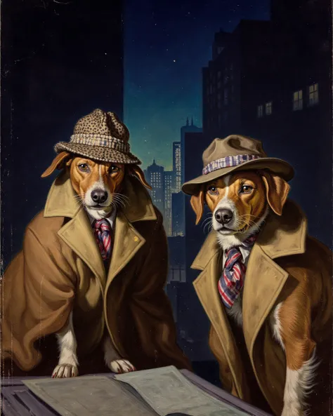 two dogs, one is Like Sherlock Holmes Wearing inverness coat and detective hat. The other one is dog Like John H. Watson. Dog Detectives, Night urban background, 50's pulp fiction, 50's pulp fiction setting.  in the style of rudolph-belarski .