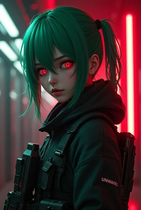 1 anime girl, green hair, RED EYES,(( dark terrorist clothes)),  look it would be,(Background with red lights LED )