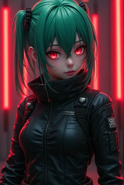 1 anime girl, green hair, RED EYES,(( dark terrorist clothes)),  look it would be,(Background with red lights LED )