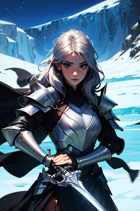 Young and pretty woman,  Long Straight Hair , negro,  wearing silver armor, With a sword of ice,  holding the sword, in an ice field  