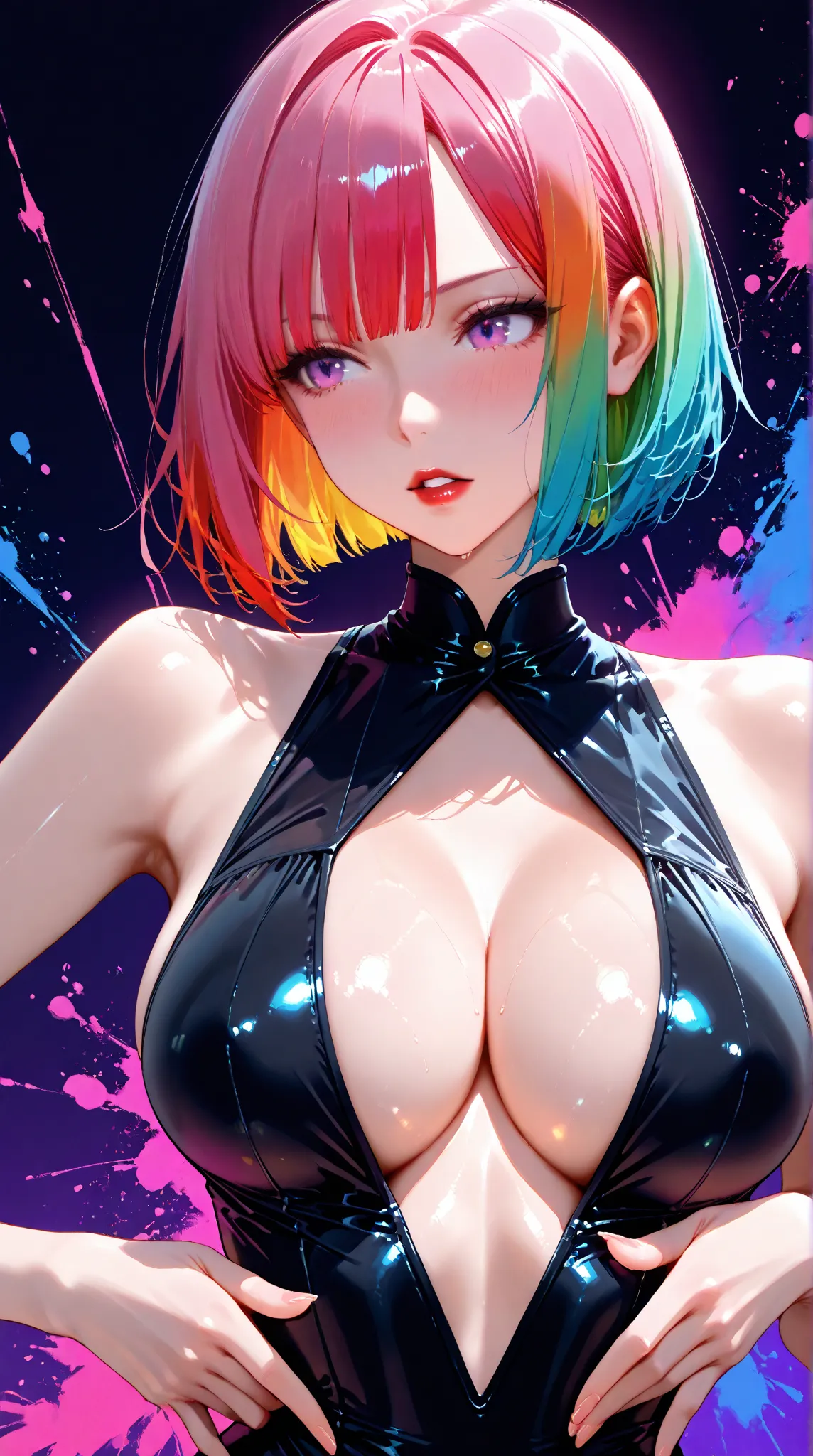  one girl, An ennui look、Upper body angle、 black background、bob cut、 short hair, colorful hair, parted lips, red lips, highest quality、masterpiece、large breasts, cleavage, shiny skin, (eyes looking off to side), Highly detailed, Amazing work，Vitreous luste...