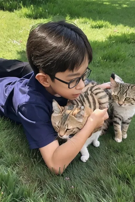 A boy playing with several cats on the grass in the sun is a masterpiece picture. 