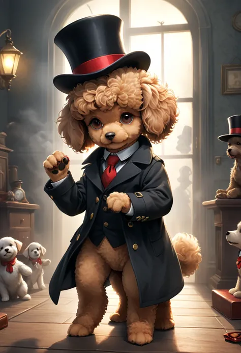  (Dog,toy poodle,Dog wearing a coat and top hat:1.3), A toy poodle wearing a coat  and top hat with the ability to see ghosts must solve a murder case with the help of the victim's restless spirit.,The toy poodle wearing a coat and top hat  searches for cl...