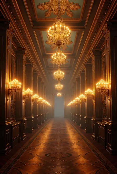 Titanic Under Luxury:
"Inside the Titanic's grand hall, with opulent chandeliers and golden decor, reflecting extravagance amidst an eerie atmosphere of silence."