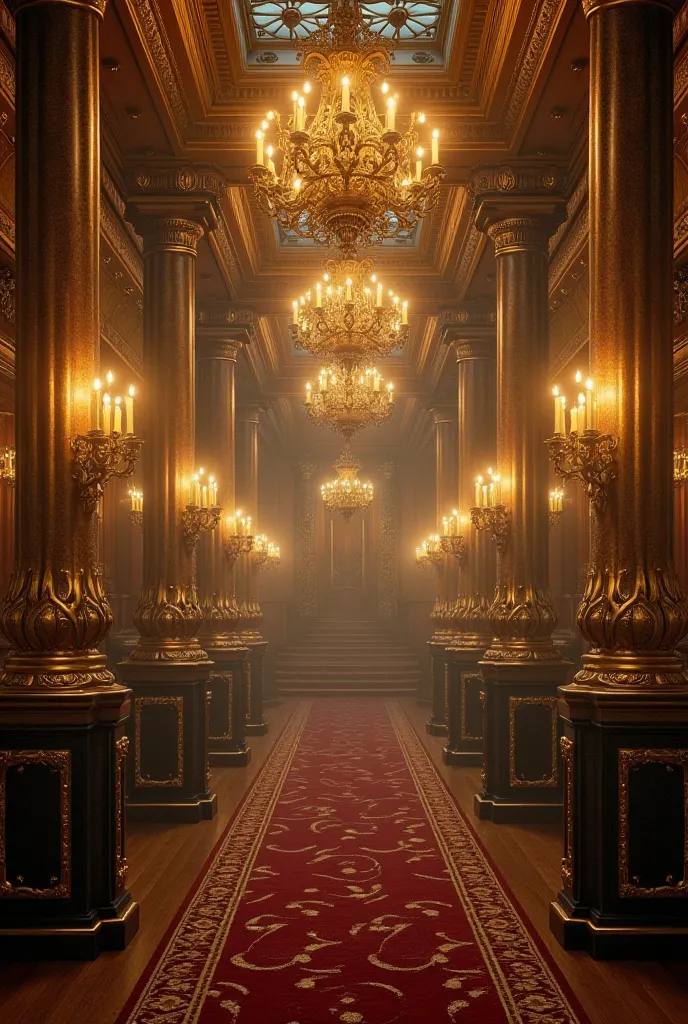 Titanic Under Luxury:
"Inside the Titanic's grand hall, with opulent chandeliers and golden decor, reflecting extravagance amidst an eerie atmosphere of silence."