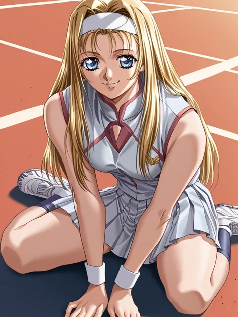 whole body、   facing forward、Front facing 、  sitting on the floor、 blonde hair,     white headband  ,    blue eyes,     Straight Long Hair  ,    girls on the left,   alone,    White Tennis Wear、 pleated skirt,   Red Ribbon、  pumps、smile
