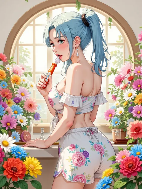 Brushing your teeth, Have a toothbrush, Light blue long hair, Beautiful girl with twin tails, Just woke up, A bright, sunny washstand, White floral pajamas, There are lots of flowers around