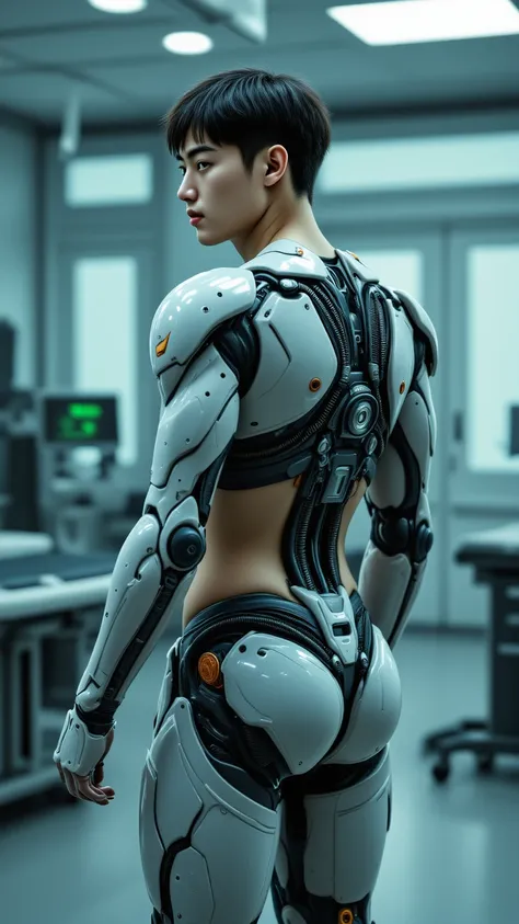  1 Korean handsome male star high school student bionic robot，Slim Short Hair ，Thick chest muscles ， bulging abs ，（Long Phase Sunshine Handsome ），Legs raised high， Shoulder width ，Narrow waist，Fixed on an advanced operating table，Smile, super wide angle,  ...