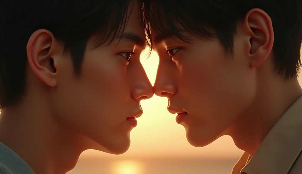 Two male characters, inspired by Thai drama characters, sharing an affectionate moment, depicted in the style reminiscent of a romantic movie poster. They are illuminated by soft lighting that casts warm tones, emphasizing their emotions. The scene focuses...