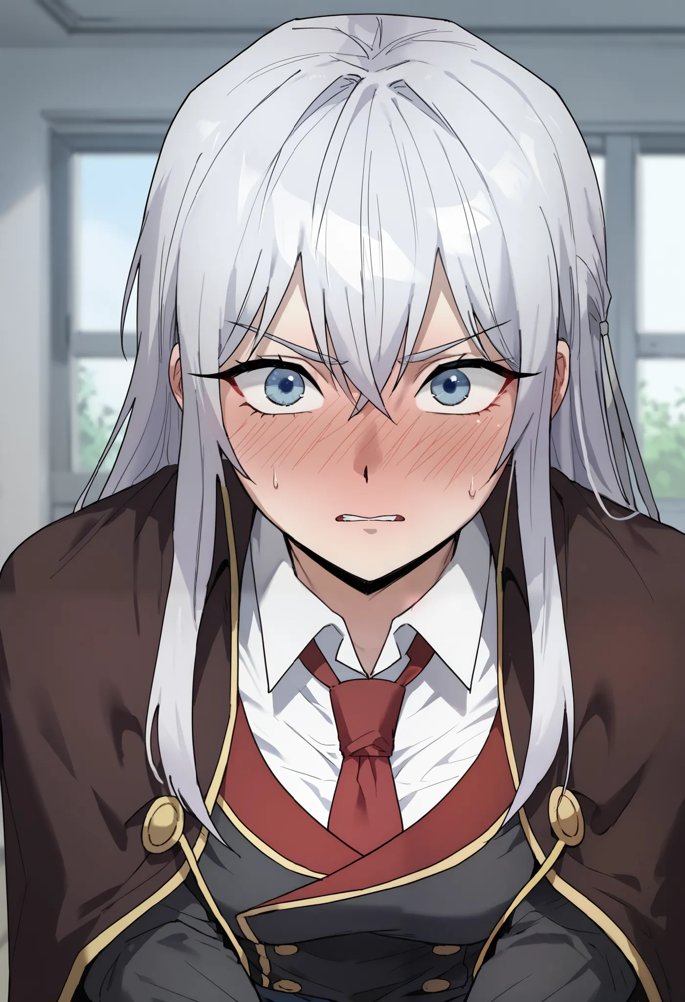 score_9_up, score_8_up, score_7_up, (manhwa art style), high detail face, best quality, absurd res, solo, 1girl, Seria_Yurdina, Blue eyes, Silver hair, Long hair,Academy uniform,full face blush,embarrased,red face, cowboy shot,blush,doggy style,sex,penetra...