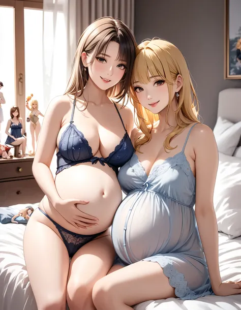 Masterpiece, top quality, high resolution.
Two beautiful girls are in the picture.
She has shoulder length black/blonde hair, model figure, big tits and beautiful legs. They are pregnant.
They are both wearing nightgowns. Their nightgowns are transparent, ...