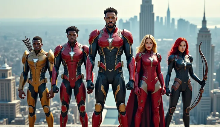 A group of superheroes standing heroically on a skyscraper's edge. The team is composed of an African man with a high-tech suit and retractable claws, a Caucasian male in a high-tech red, gold, and silver armor, a Caucasian male with long blonde hair, hold...