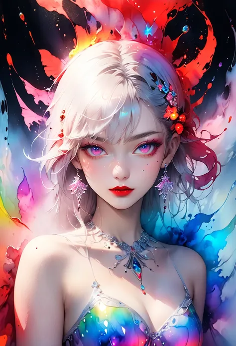 ultra detailed, absolutely resolution, masterpiece. 
sexy beauty drawn with ink. 
BREAK bright red lips. 
background with flying colorful fluorescent paint dots. 
fairytale fantasy wonderland worldview, various colorful iridescent foggy glitter effects. 
e...