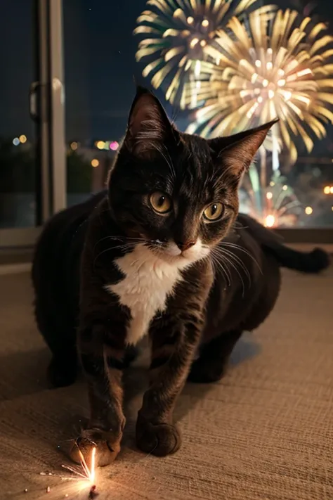 The cat is playing with fireworks