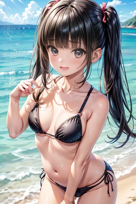  girl doing a photo shoot , ((Alone,  one girl)), ((baby face:1.6)), ((cute:1.6)),  
break  

 (( black bikini)),  
break 

( black hair:1.3) + (blunt bangs:1.4) +  (( twin tails) :  plump hair +  voluminous hair ), 
slim:1.2, 
#voluptuous:1.2, 
((flat che...