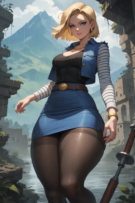 (date:20250212, By:Joulios) best quality, highres, and18, 1girl, android 18, solo, blonde hair, blue eyes, belt, tight blue demin skirt, gold_necklace, bracelet, closed fists, black shirt, short hair, long white striped sleeves, earrings, open vest, denim ...