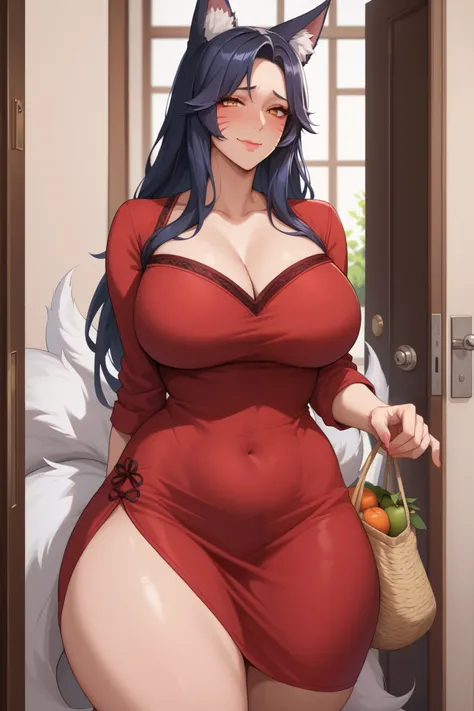 Score_9, Score_8_up, Score_7_up, Score_6_up, Score_5_up, Score_4_up, Tag1, Tag2, Quality_masterpiece, nsfw, wear only sexy red dress, casual dress, Ahri alike, Anatomically correct, Beautiful face, Perfect face, standing in hallway door entrance, opened do...