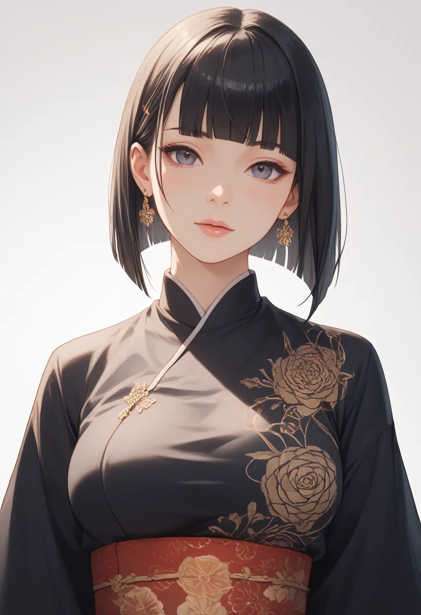  masterpiece,  the best quality,  ultra detailed. 1 girl,   cut bob breasts,  black hair,  blunt bangs , blunt ends, black kimono, amaryllis print, cielo nocturno