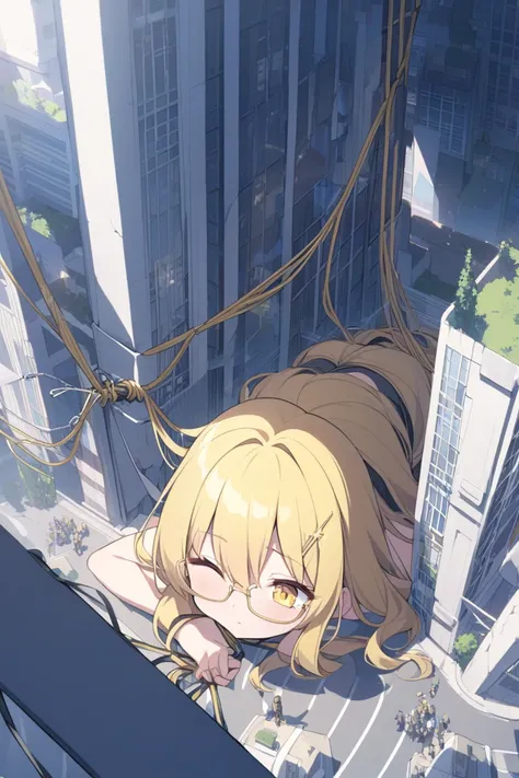 a colossal young anime girl with long yellow hair, eyes closed weakly, wearing a yellow ripped up strapless sleeveless ripped slim mini tight fitted dress with gold torn seams, gold rimmed glasses, and a Star-shaped hairpin, barefoot, face down laying down...