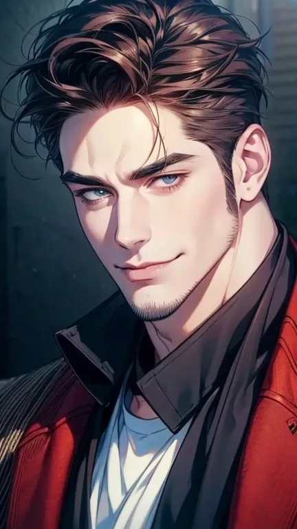 (   smiling ,4K,8k,    highres,    Masterpiece:1.2),    ultra-detailed,(  realistic,photo  realistic,photo-  realistic:1.37),36-year-old man,3 day beard,cute anime ,Portraits,strong,Masculine,    dark hair,sharp jaw,        mesmerizing eyes        ,    per...