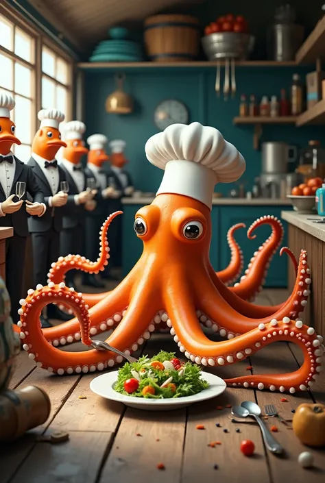  in a white cook's hat ,  lying on the floor ,  big orange octopus cook ,  the kitchen looks like a ship's hold ,  prepares a salad in the kitchen at a seabed restaurant {x} fish waiters in tailcoats are waiting in line to pick up the dish,  with a cooking...