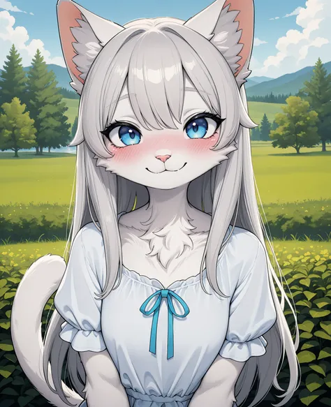 masterpiece,best quality,amazing quality,very aesthetic,high resolution,ultra-detailed,absurdres,newest,detailed fur,
furry,cat,animal ears,tail,bodyfur,1girl,upper body,1girl,solo,long hair,gray hair,white fur,blue eye,blush,white blouse,looking at viewer...